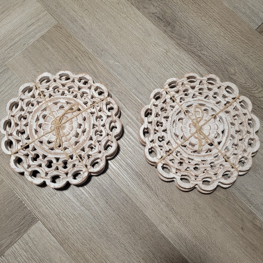 2 Sets Whitewashed Carved Wood Trivets Boho Mandala Openwork Round Tied